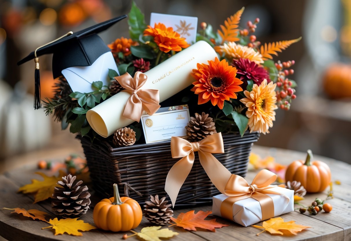 A gift basket with graduation-themed items, autumn flowers, gift cards, and fall decorations on a wooden table.
