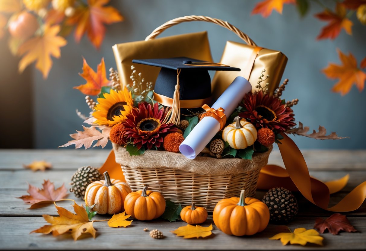 A gift basket decorated with fall leaves, small pumpkins, flowers, and graduation-themed items on a wooden table.
