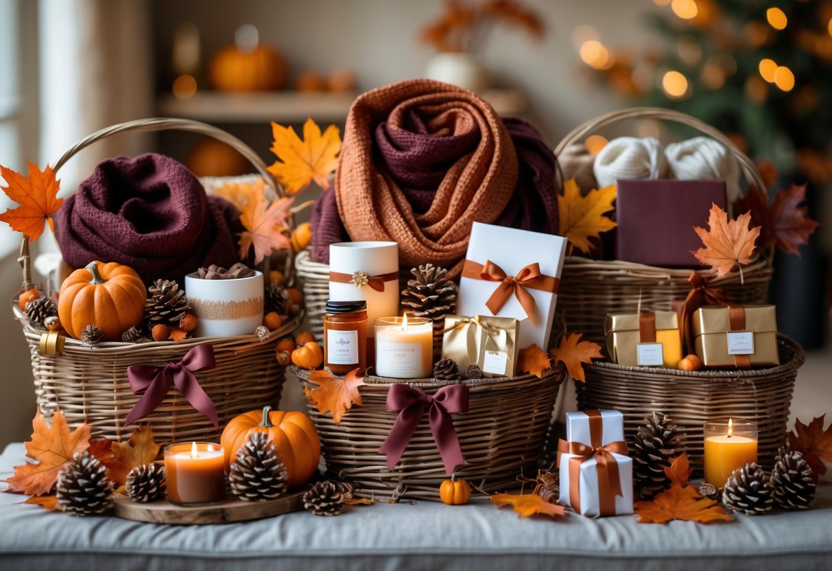 Gift baskets filled with autumn-themed items arranged on a table, decorated with fall leaves and ribbons.
