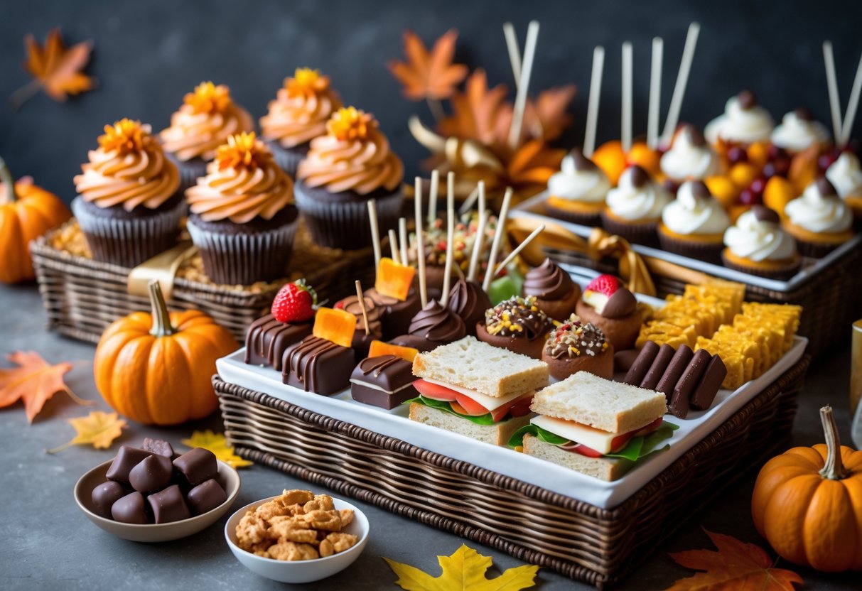 An assortment of edible treats and graduation party foods arranged in gift baskets decorated with fall-themed elements.