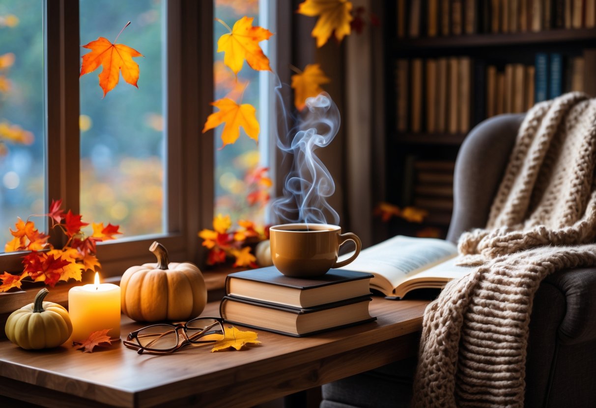 A cozy reading nook with books, a cup of tea, reading glasses, a knitted blanket, fall leaves, and pumpkins near a window with natural light.