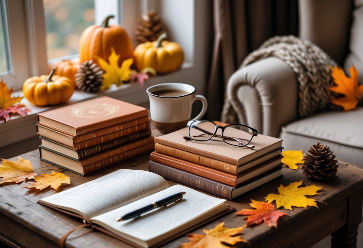 A cozy autumn desk with books, a cup of tea, reading glasses, and fall decorations like leaves and pumpkins.