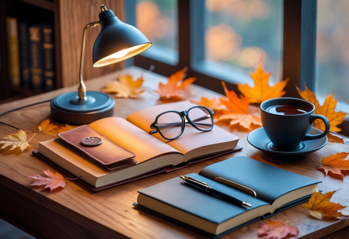 A wooden desk with book accessories including bookmarks, reading glasses, a notebook with a pen, a reading lamp, and a cup of tea, surrounded by autumn leaves and stacked books.