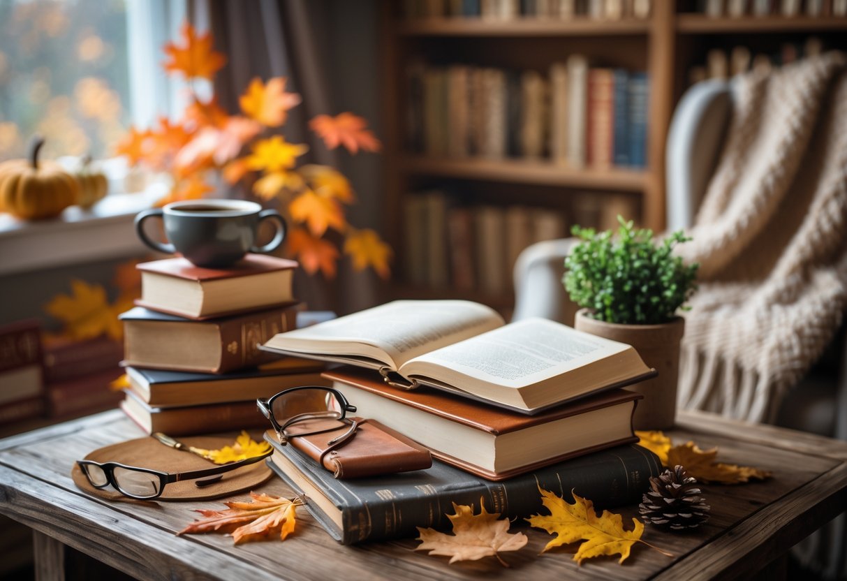A cozy autumn reading nook with books, a leather journal, reading glasses, a cup of tea, and fall leaves on a wooden table.