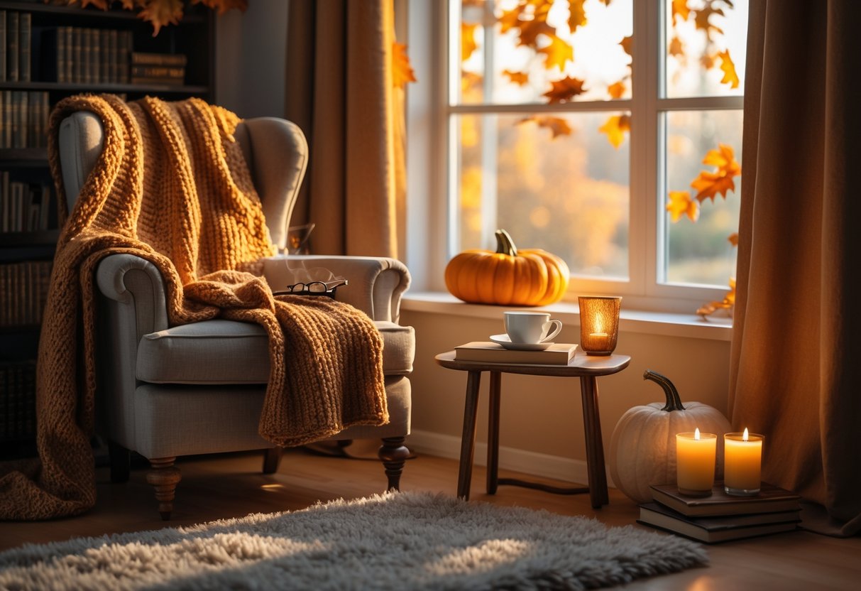 A cozy reading nook with an armchair, blanket, books, a cup of tea, and autumn decorations by a window with fall leaves outside.