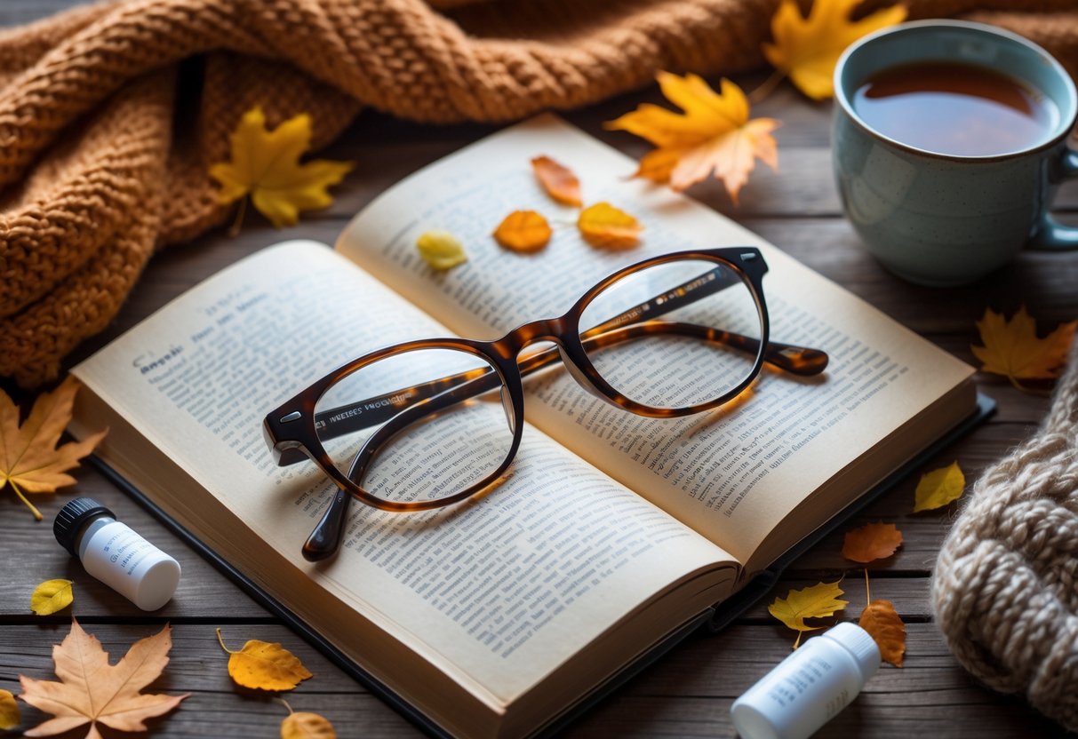 Reading glasses on an open book surrounded by eye care items, autumn leaves, a scarf, and a cup of tea on a wooden table.