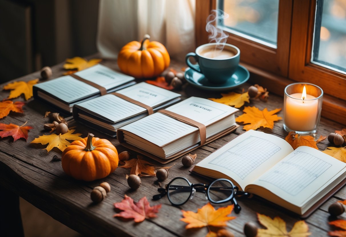 A wooden table with journals, reading trackers, autumn leaves, a cup of tea, reading glasses, and a candle.