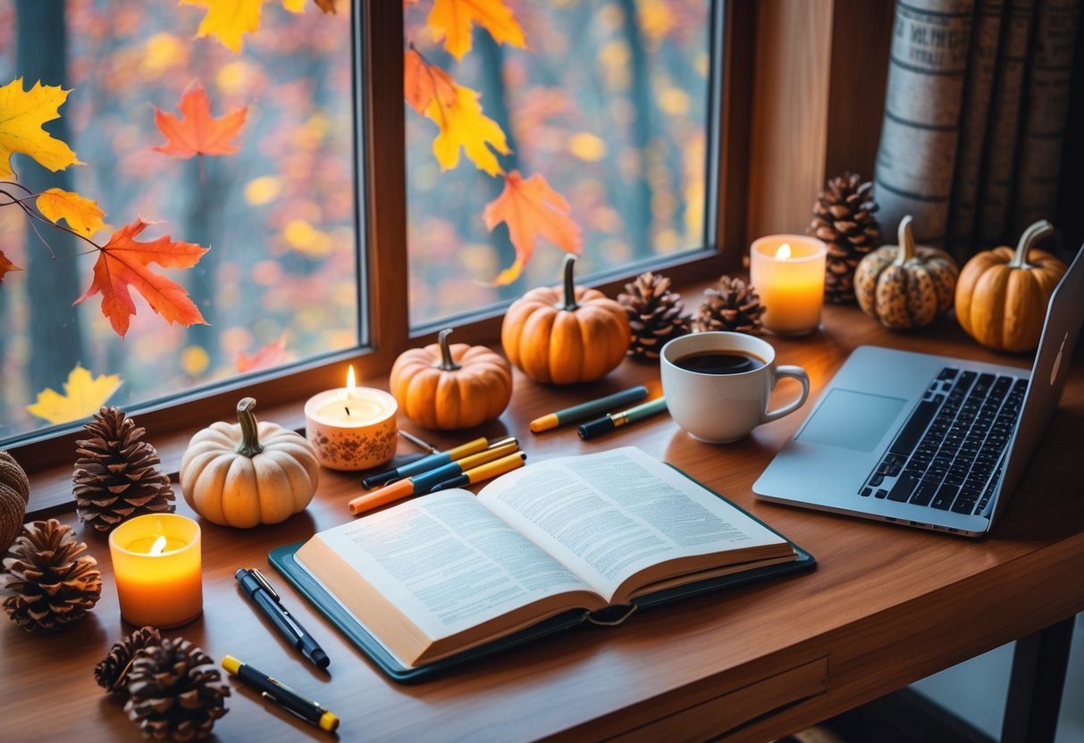 A cozy study desk by a window with books, notebooks, pens, a laptop, a cup of coffee, and autumn decorations including pumpkins and candles.