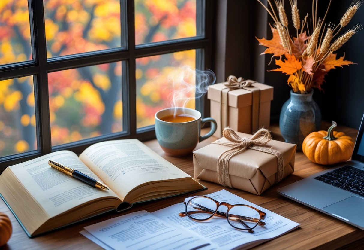 A warm autumn desk scene with an open book, eyeglasses, a wrapped gift box, a mug of tea, a small pumpkin, and fall foliage near a window.