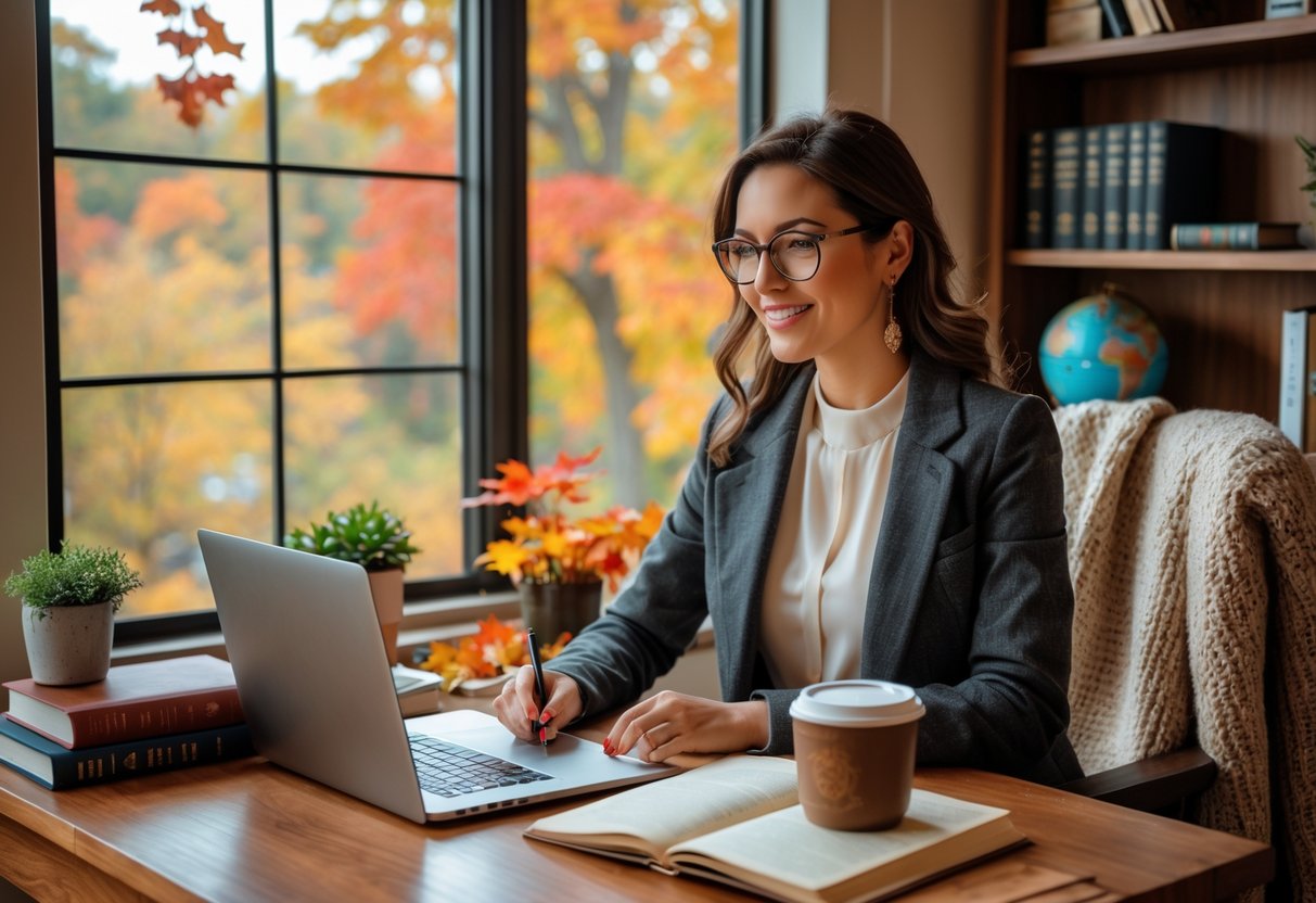 A woman sitting at a desk by a window with fall leaves outside, surrounded by books, a laptop, a journal, a cup of coffee, and a small plant.