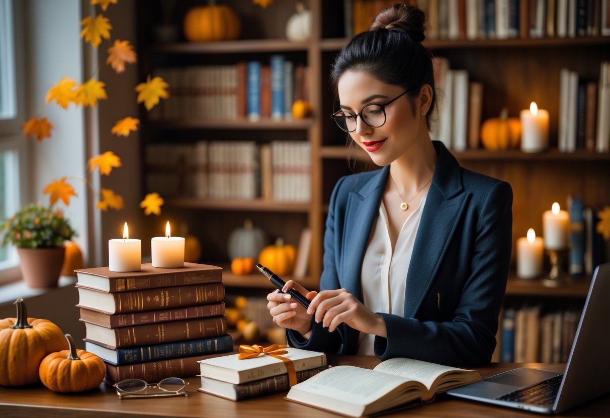 A young woman in a cozy study surrounded by autumn decorations and thoughtful gifts like books, a journal, and a tea set on a wooden table.