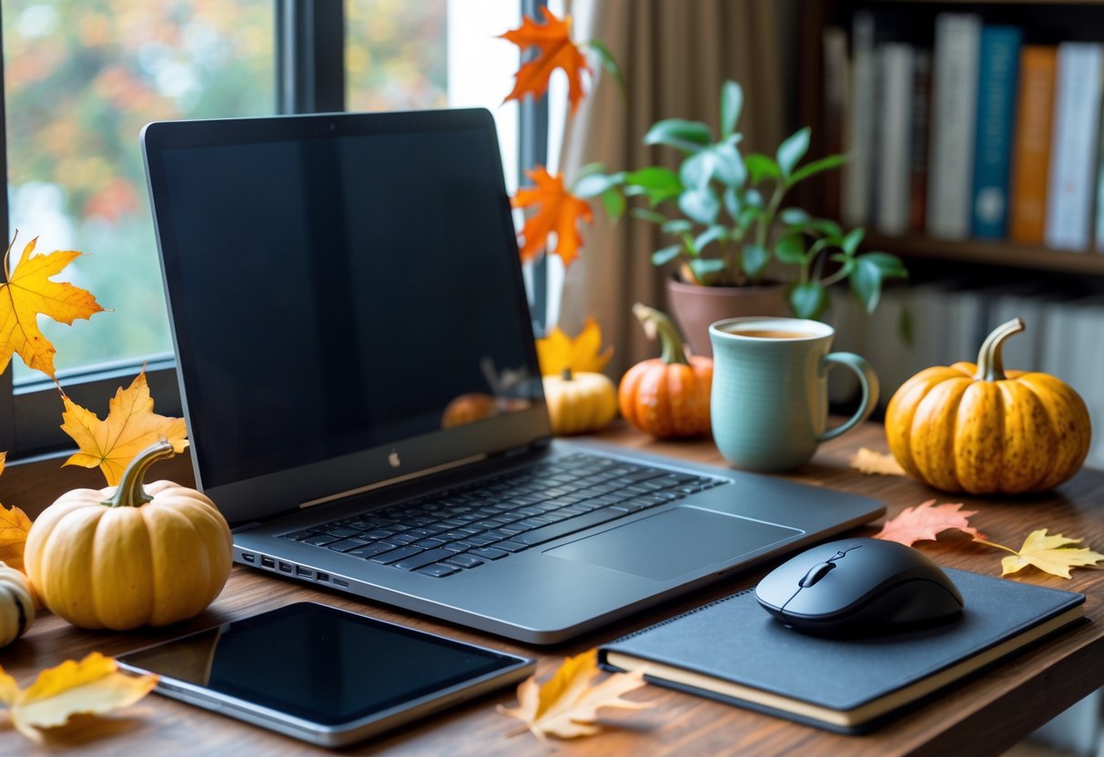 A fall-themed workspace with a laptop, smart notebook, ergonomic mouse, coffee mug, autumn leaves, and books on shelves in the background.