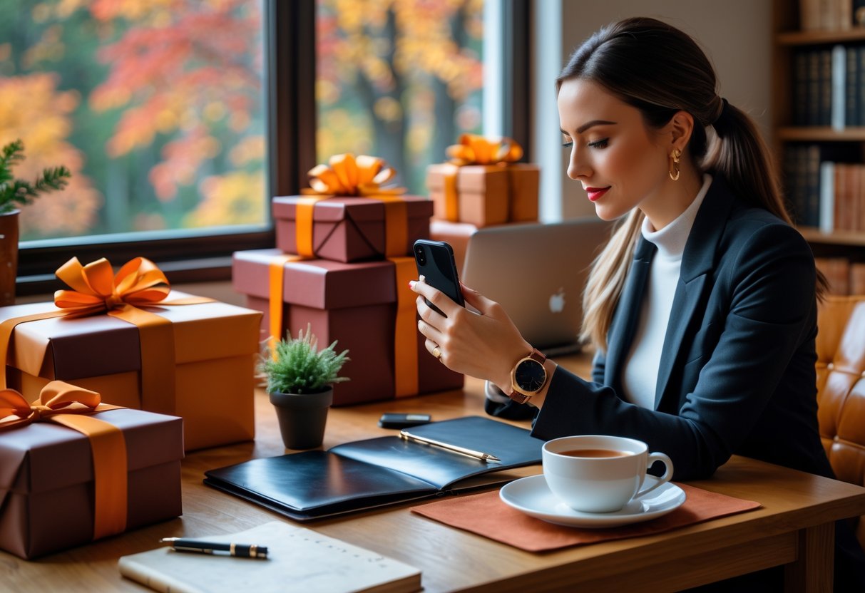 A professional woman at a wooden desk near a window with fall leaves outside, using a smartphone and smartwatch, surrounded by wrapped gift boxes, books, a planner, and a cup of tea.