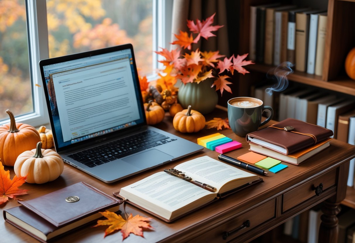 A cozy autumn workspace with a wooden desk holding a laptop, journal, books, pen set, fall leaves, small pumpkins, and a steaming cup of coffee near a window.