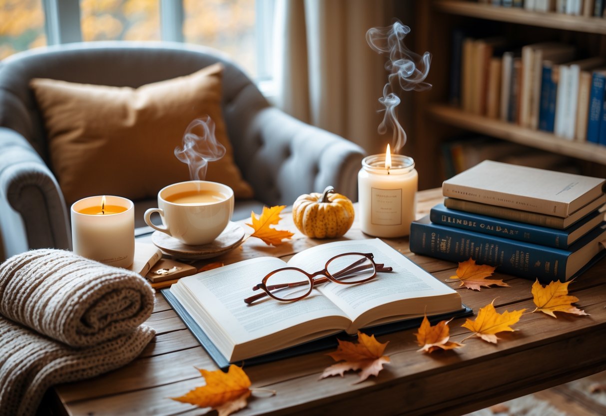 A warm autumn scene with self-care gifts including a knitted blanket, candle, journal, tea cup, reading glasses, and books arranged on a wooden table next to a cozy chair and bookshelf.