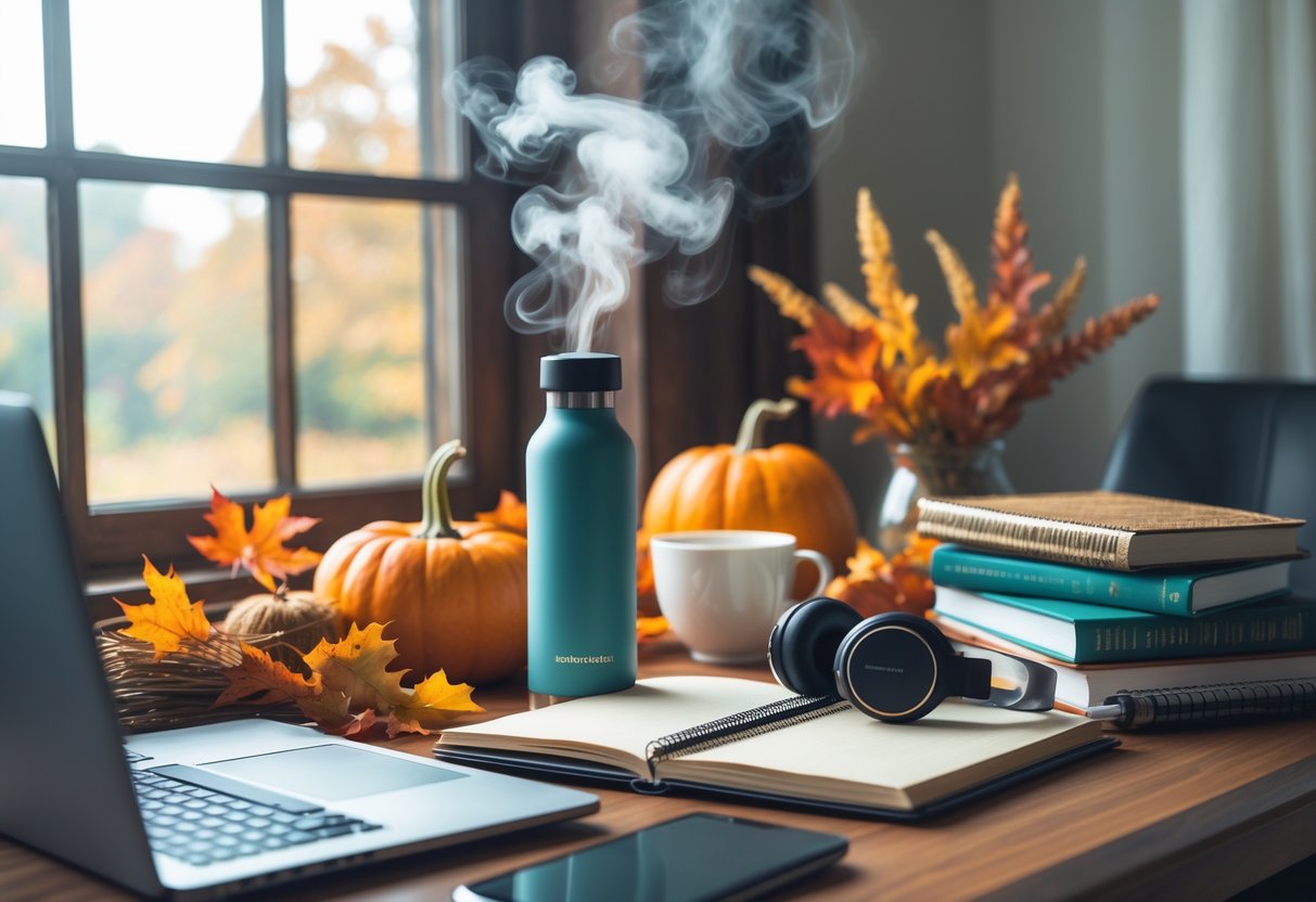 A cozy fall-themed workspace with academic books, a laptop, herbal tea, and wellness gift items arranged on a desk near a window with autumn leaves outside.