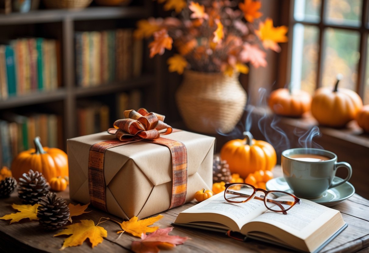 A wrapped gift box on a wooden table surrounded by autumn leaves, pumpkins, an open book with reading glasses, and a cup of tea in a cozy room with bookshelves.