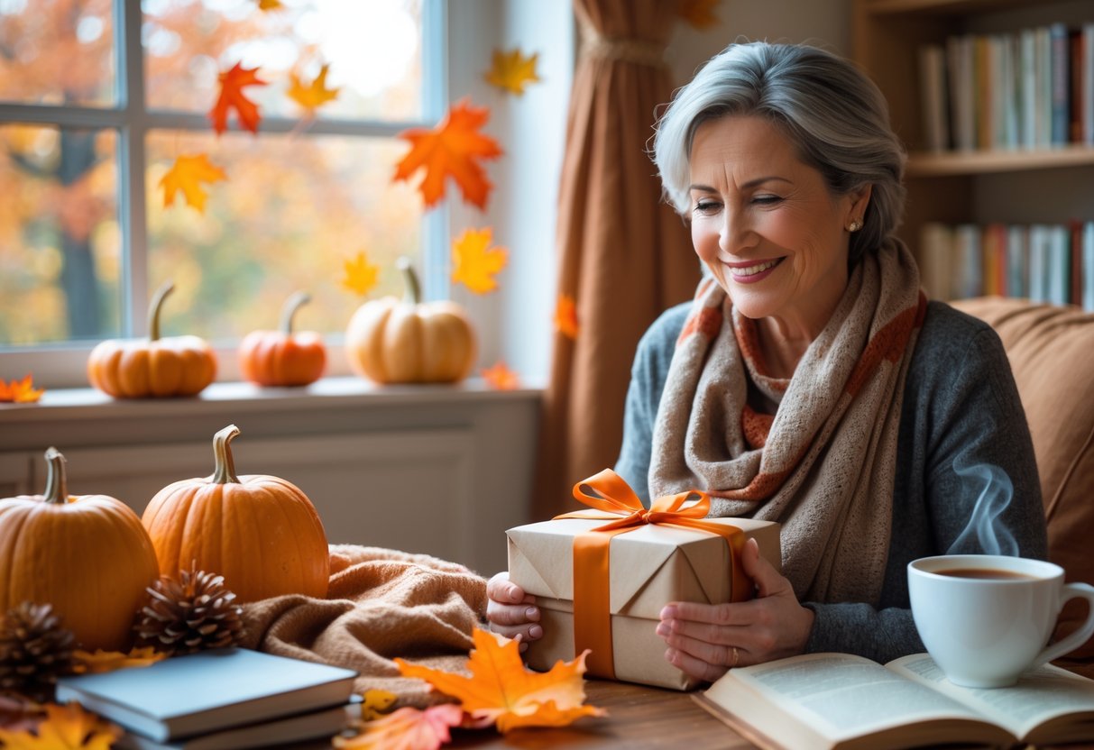 A middle-aged woman smiling and holding a wrapped gift in a cozy room decorated with autumn leaves, pumpkins, books, and a cup of tea.