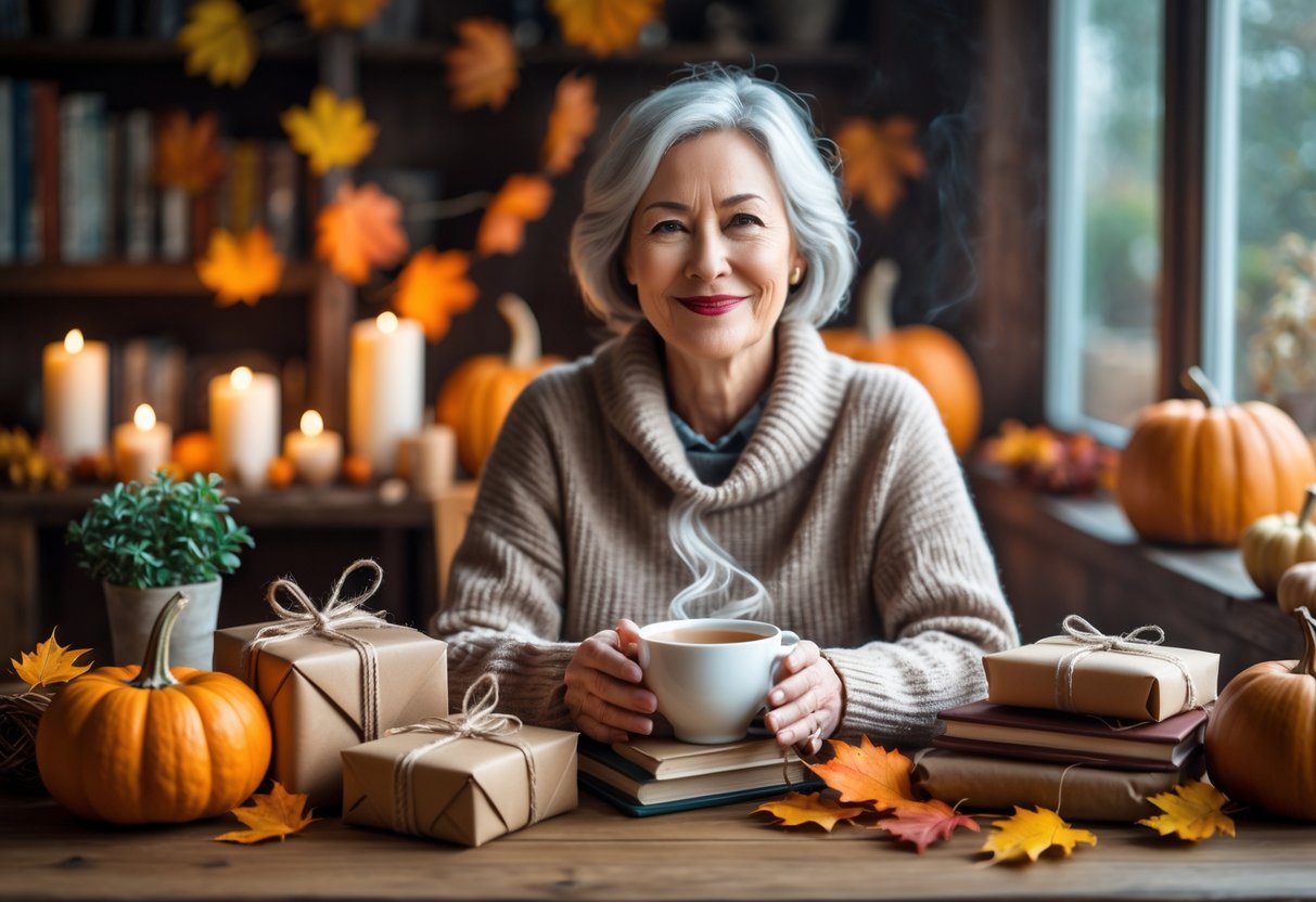 A middle-aged woman sitting at a wooden table with autumn decorations and wrapped birthday gifts, surrounded by books and a cup of tea.