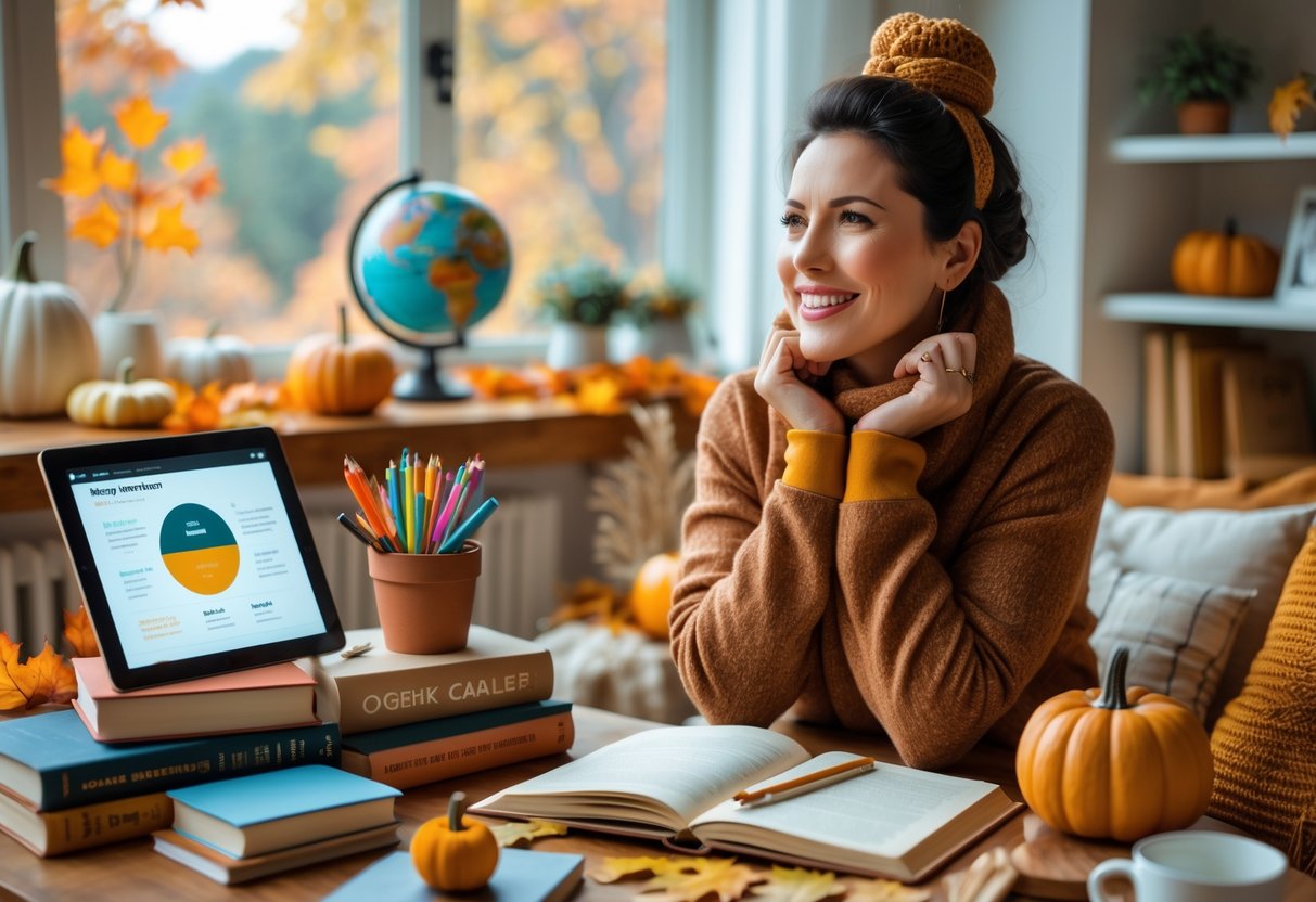 A woman in cozy fall clothing surrounded by educational gifts like books, a globe, and a tablet, sitting in a warm, autumn-themed room with fall leaves visible outside the window.