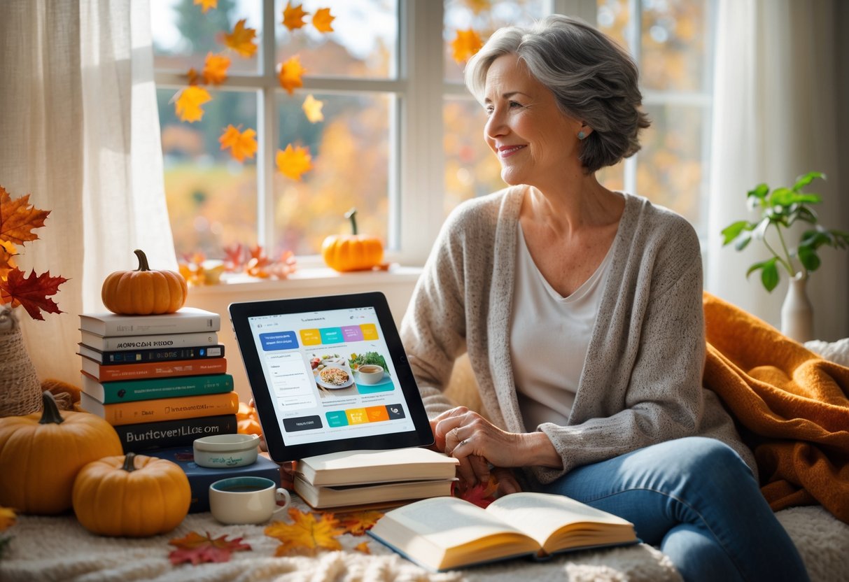 A middle-aged woman sitting in a cozy room decorated for fall, surrounded by books, a journal, a tablet, tea, and a small plant.