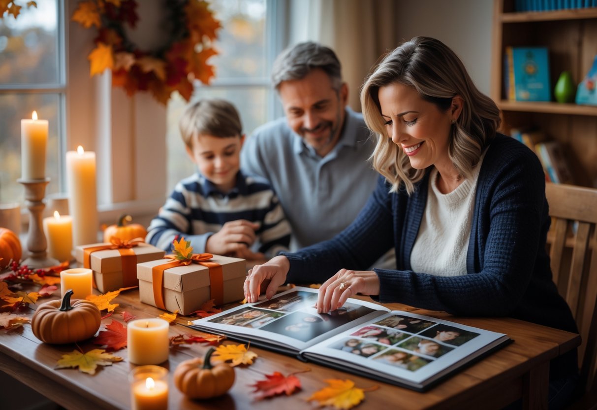 A mother and her family gathered around a table decorated with autumn leaves and pumpkins, looking at photo albums and gift boxes.