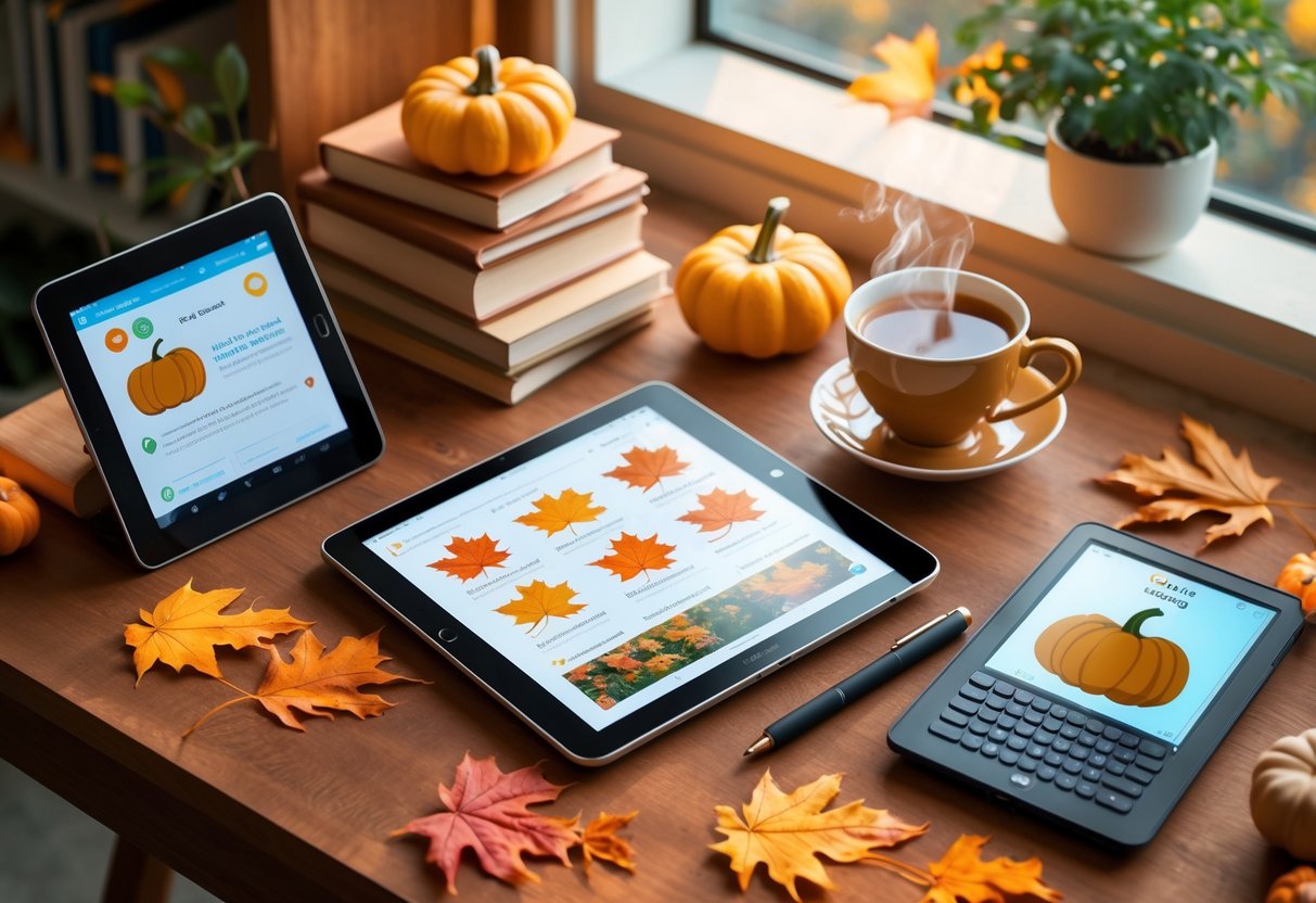 A cozy autumn table with tech gifts including a tablet, headphones, smart notebook, and e-reader surrounded by fall leaves, pumpkins, and a cup of tea.