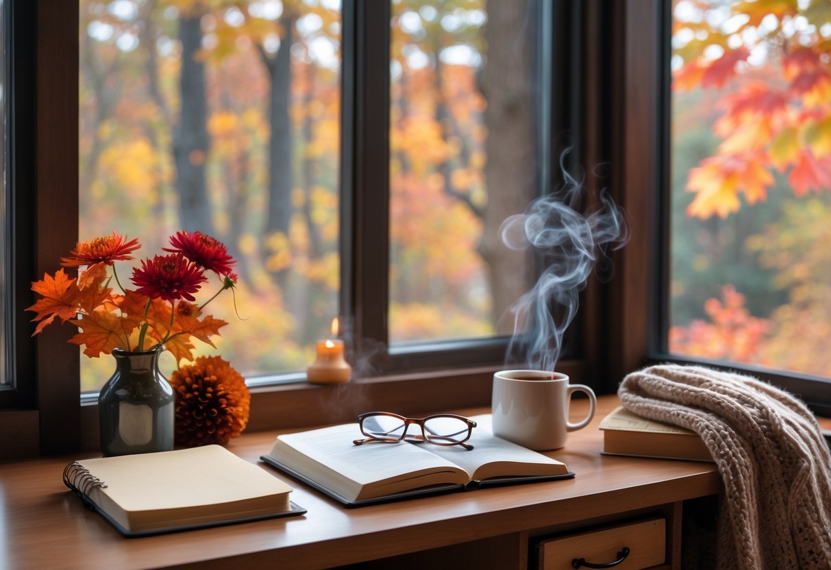 A cozy study area with a wooden desk, open notebook, steaming mug, knitted blanket, reading glasses, and autumn leaves visible outside the window.