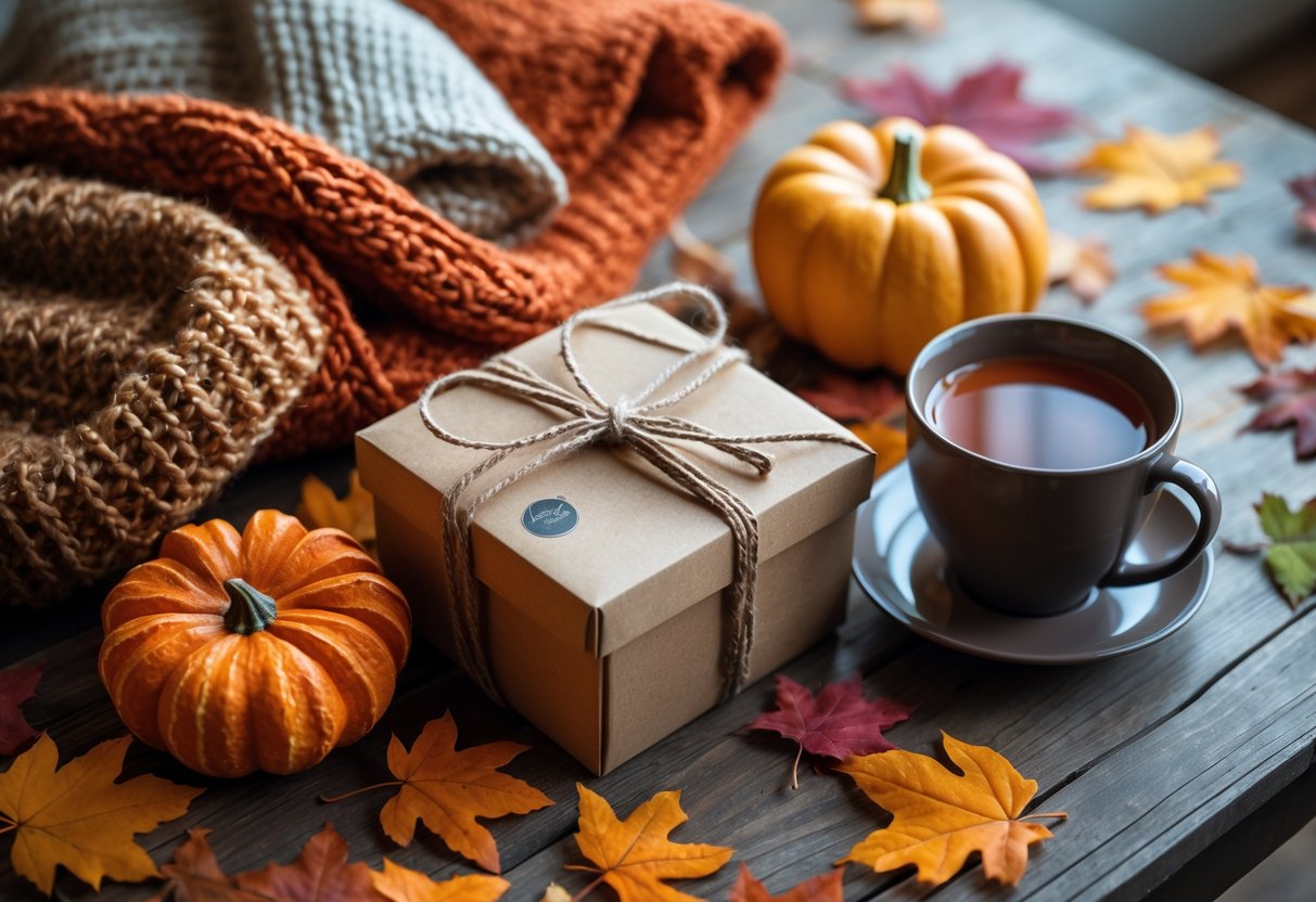 A flat lay of fall-themed birthday gifts including a scarf, candle, wrapped present, book, and a cup of hot tea on a wooden table with autumn leaves.