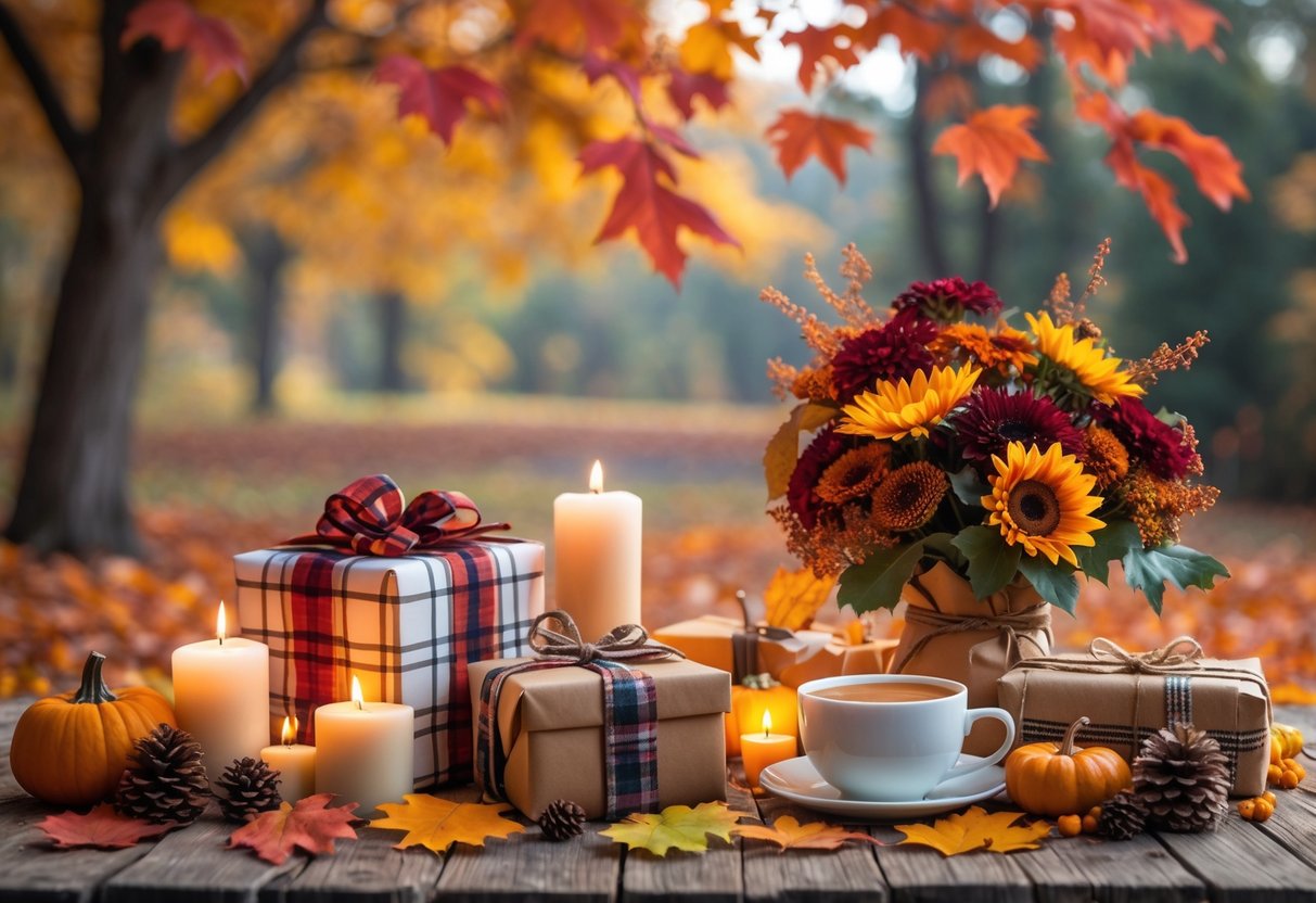 A wooden table with wrapped gifts, autumn leaves, pumpkins, candles, and a cup of tea set outdoors with colorful fall trees in the background.
