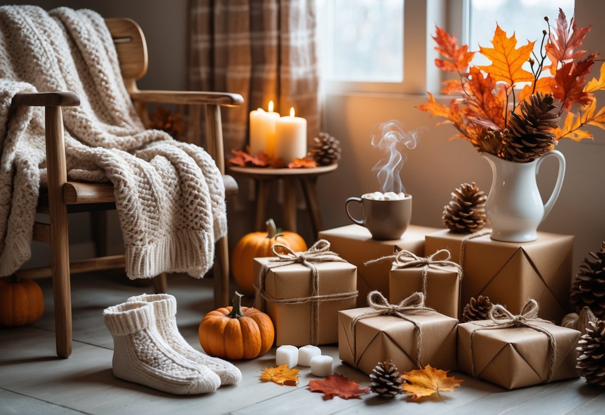A cozy autumn scene with wrapped birthday presents, a knitted blanket, woolen socks, a steaming mug, candles, and fall leaves arranged on a wooden chair and table.