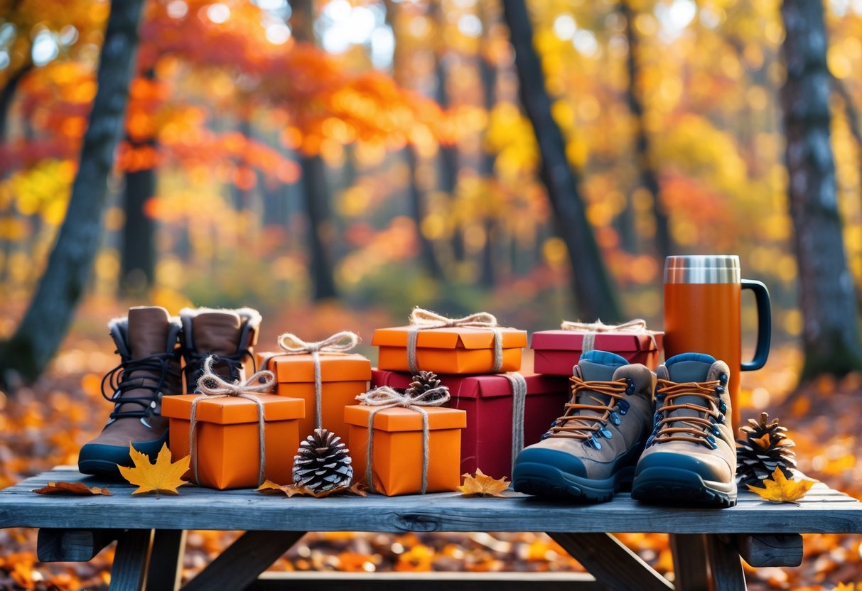 A forest clearing in autumn with colorful fall leaves, a wooden picnic table displaying wrapped gifts and outdoor adventure gear like hiking boots, a thermos, and a scarf.