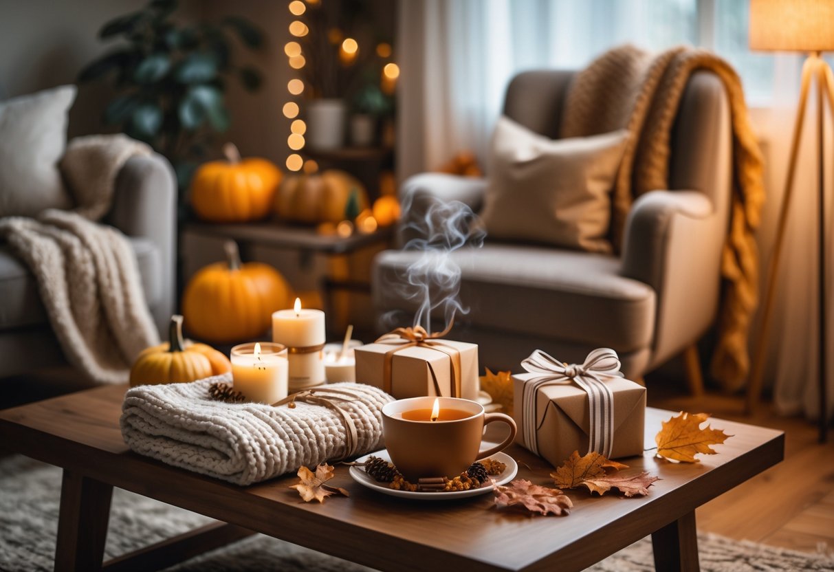Cozy indoor living room with autumn decorations, gifts on a wooden table, a steaming mug, and a comfortable armchair with a lamp.