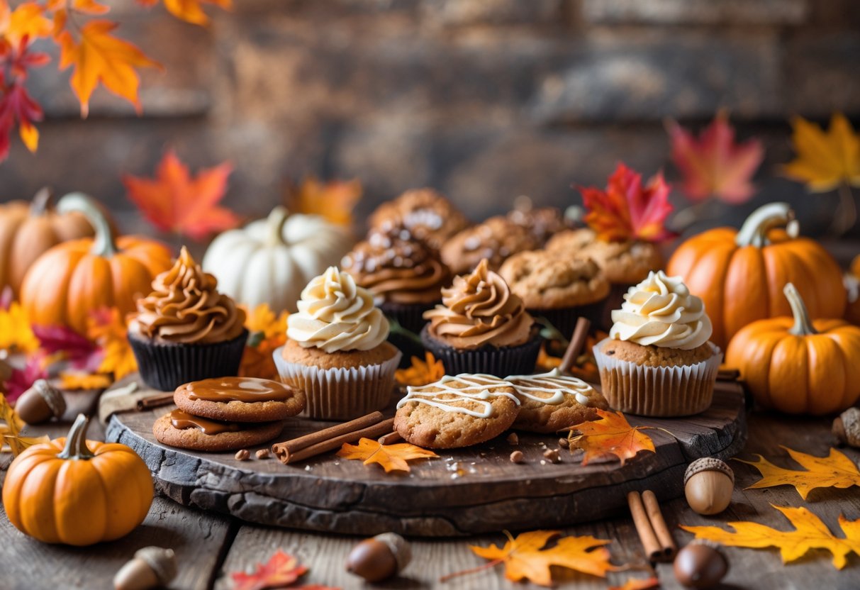 A wooden table with an assortment of fall-themed baked goods like pumpkin cupcakes and cinnamon cookies, surrounded by autumn leaves, small pumpkins, and cinnamon sticks.