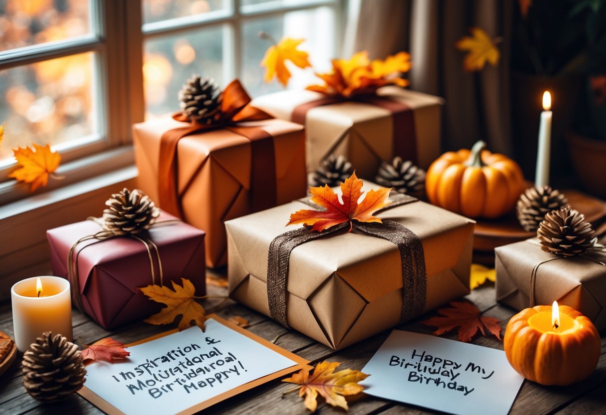 A cozy autumn scene with wrapped birthday gifts, fall leaves, pinecones, and small pumpkins arranged on a wooden table near a sunlit window.
