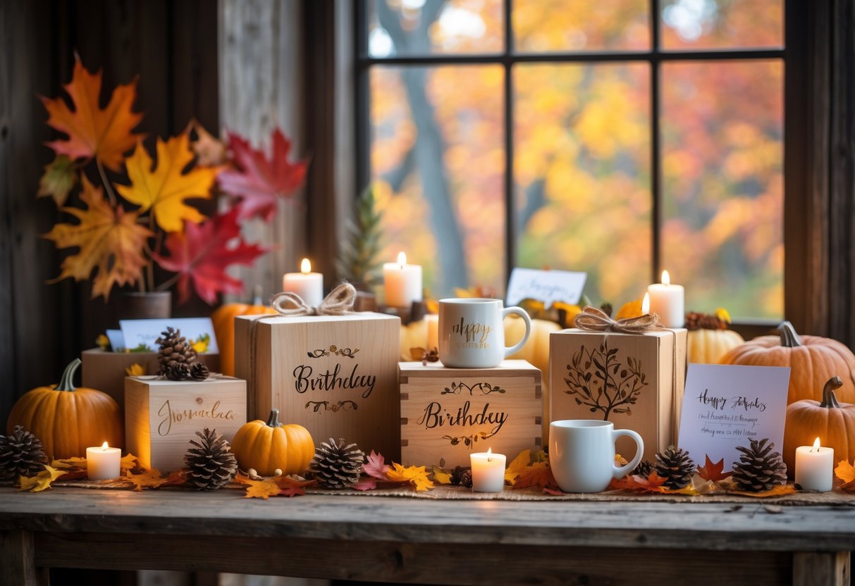A cozy autumn scene with personalized birthday gifts on a wooden table surrounded by fall leaves, pumpkins, and candles near a window showing fall foliage.