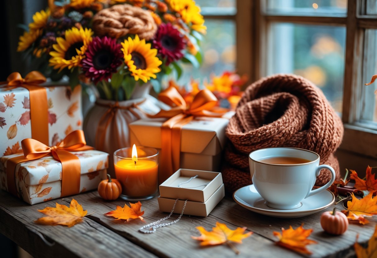 A collection of fall-themed birthday gifts for her arranged on a wooden table with flowers, wrapped presents, a scarf, candles, and a cup of tea surrounded by autumn leaves.