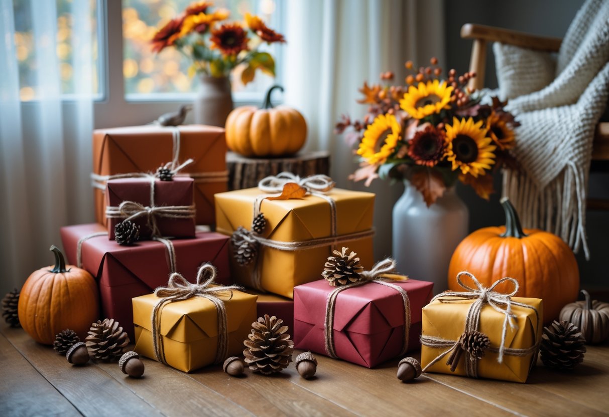 A cozy indoor scene with wrapped fall-themed birthday gifts surrounded by pumpkins, dried leaves, and autumn flowers near a window with fall foliage outside.