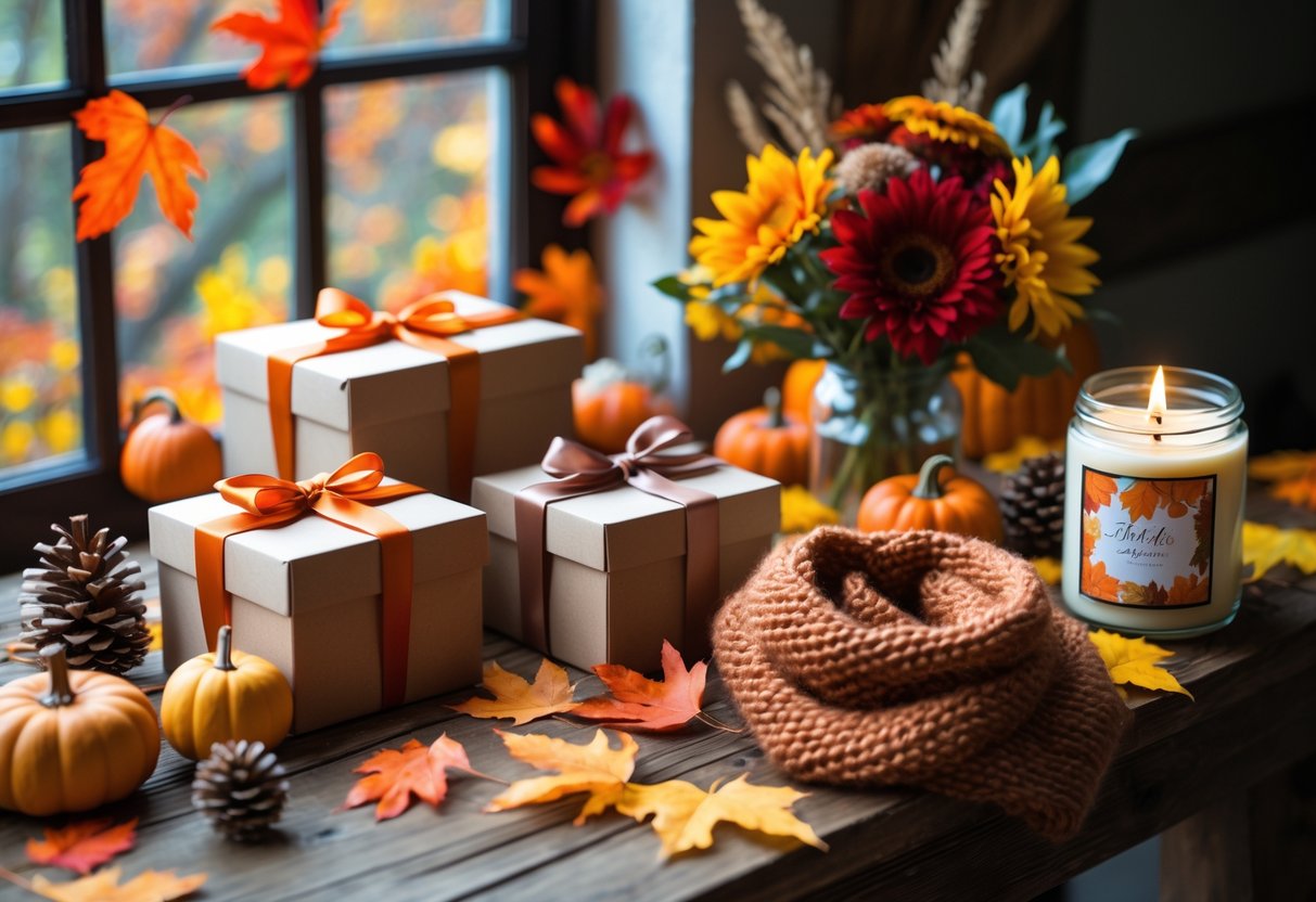 A rustic table with wrapped birthday gifts, fall leaves, pumpkins, a knitted scarf, a candle, and a bouquet of autumn flowers.