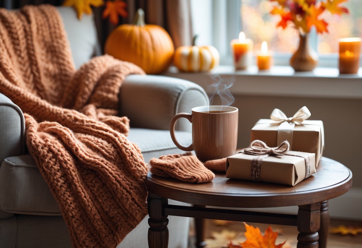 A cozy living room scene with autumn decorations, a knitted blanket on an armchair, a steaming mug on a table, wrapped gifts, woolen socks, and a book, evoking warmth and comfort for a fall evening.