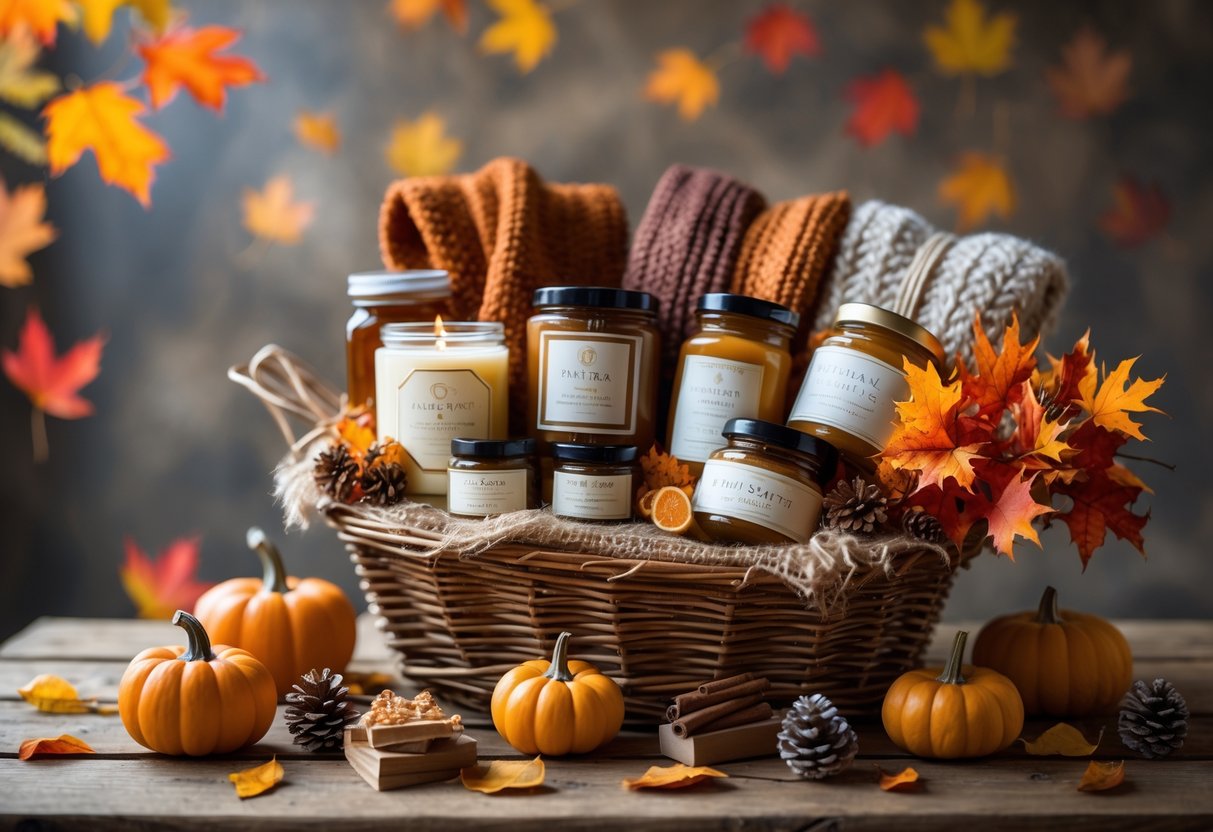 A fall-themed gift basket with candles, scarves, chocolates, and autumn leaves on a wooden table.
