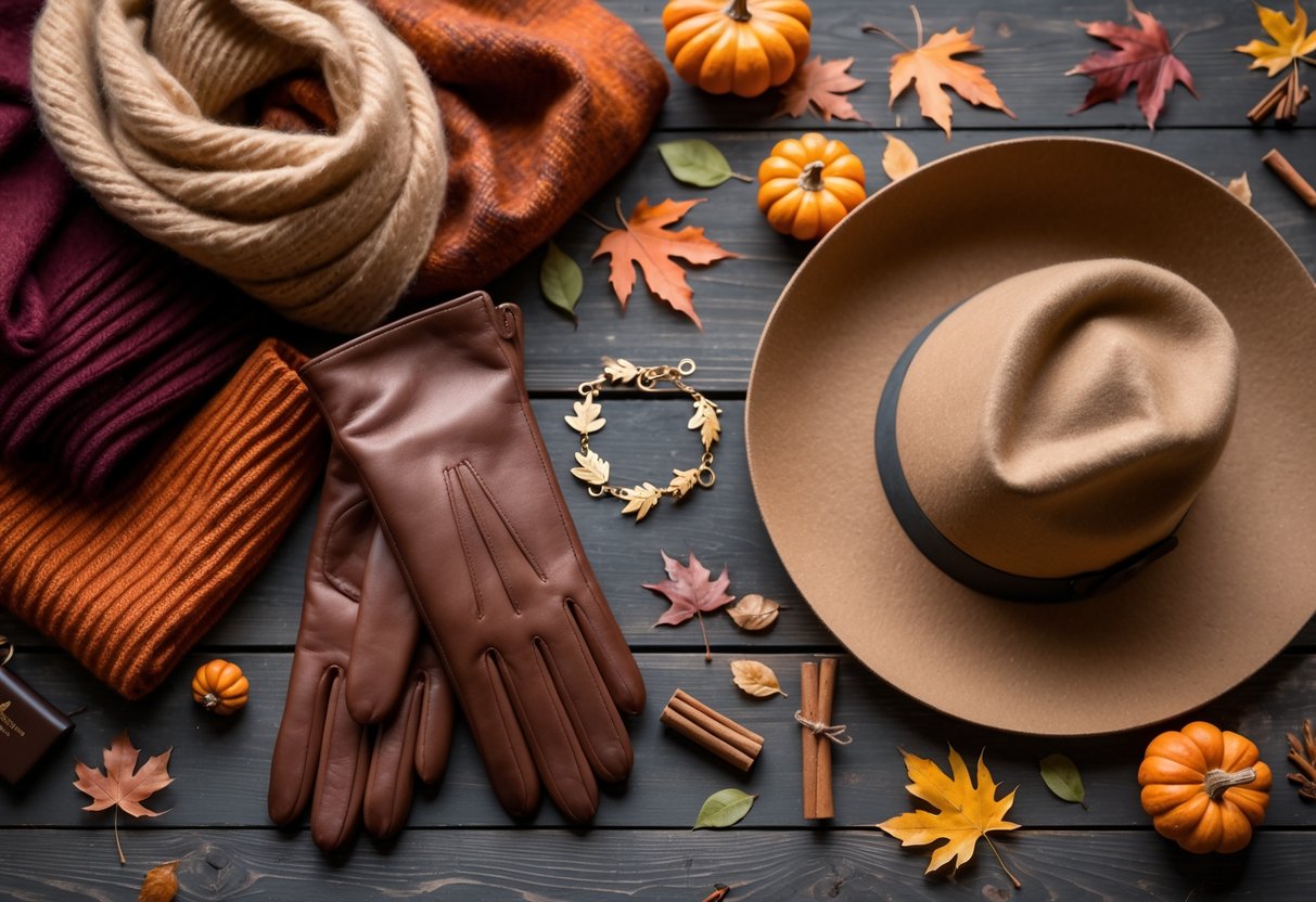A collection of fall accessories including a scarf, leather gloves, a felt hat, and a gold bracelet arranged on a wooden table with autumn leaves and small pumpkins.