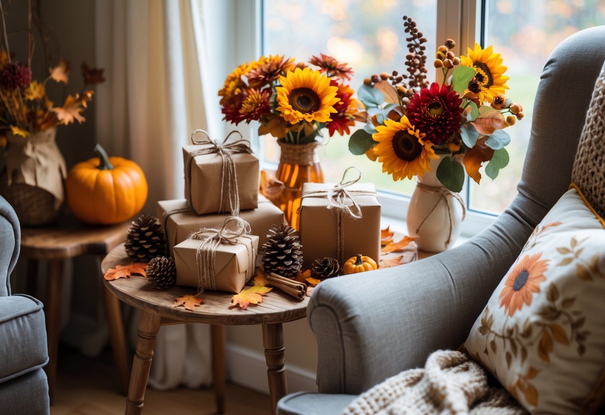 A cozy living room corner decorated with autumn-themed birthday gifts, pumpkins, dried leaves, and flowers next to a comfortable armchair.