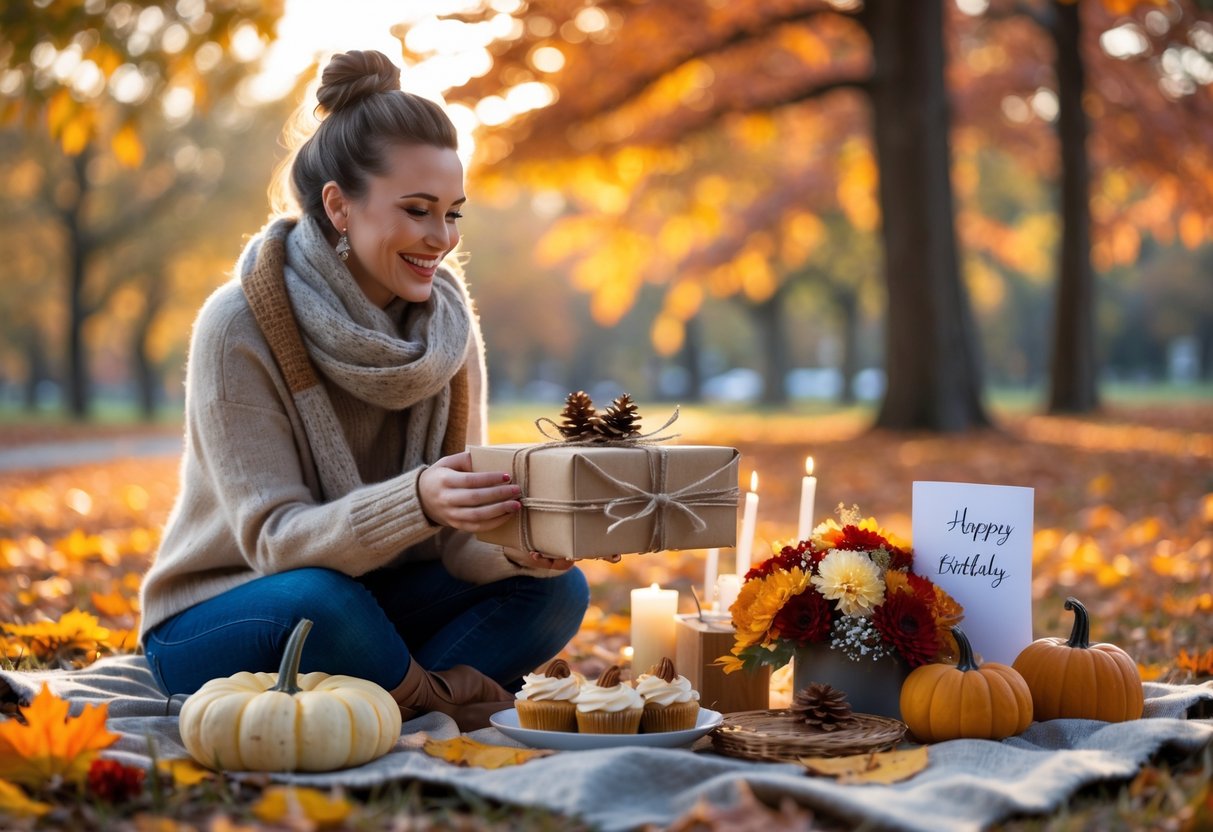 A woman outdoors in a park with colorful fall leaves, smiling as she receives a wrapped birthday gift during a cozy autumn picnic.