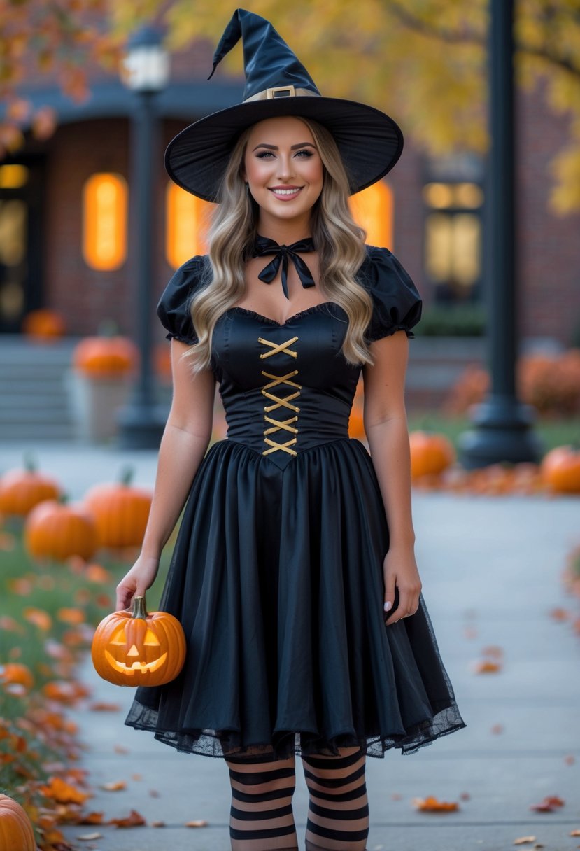A college student wearing a classic witch costume stands outdoors on a campus holding a small pumpkin.