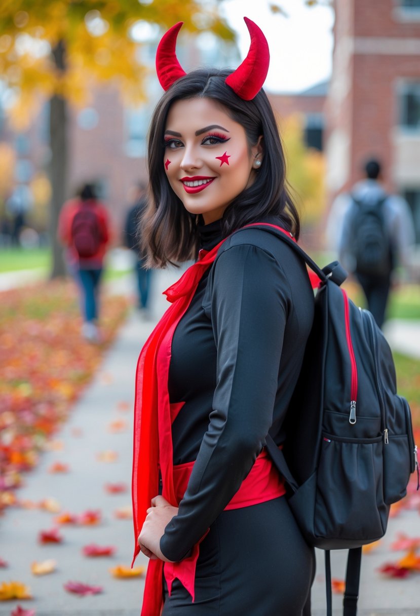 A college student wearing a devil costume with red horns standing outdoors on a campus with fall leaves.