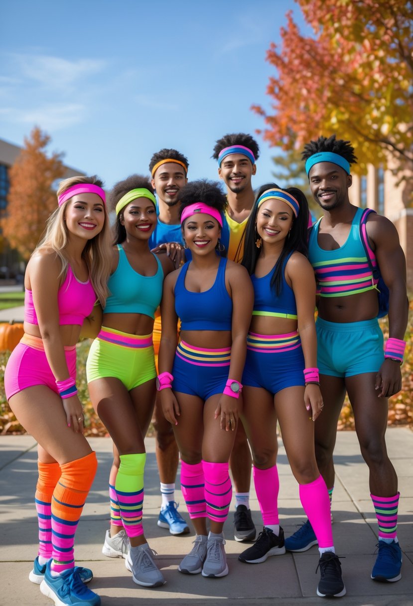 A group of college students wearing colorful 1980s workout costumes outdoors with autumn decorations.