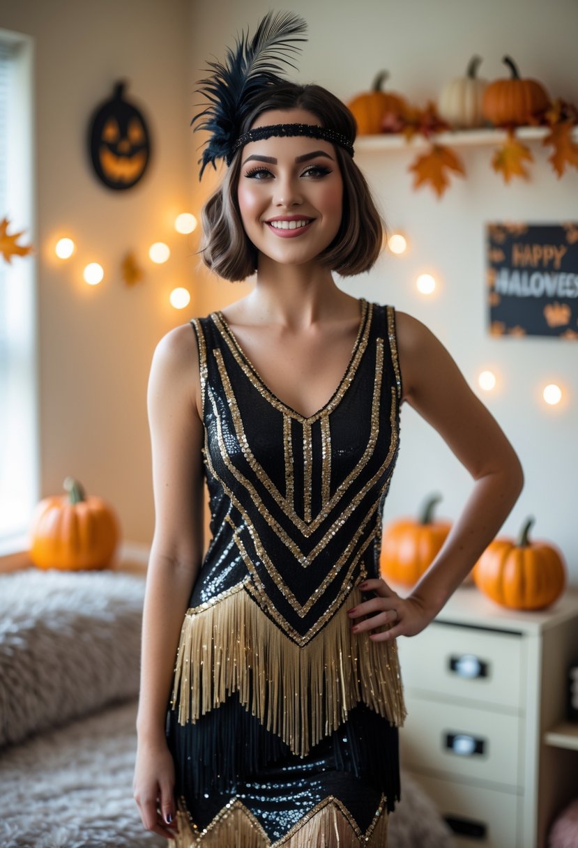 Young woman wearing a 1920s flapper dress and headband standing in a dorm room decorated for Halloween.