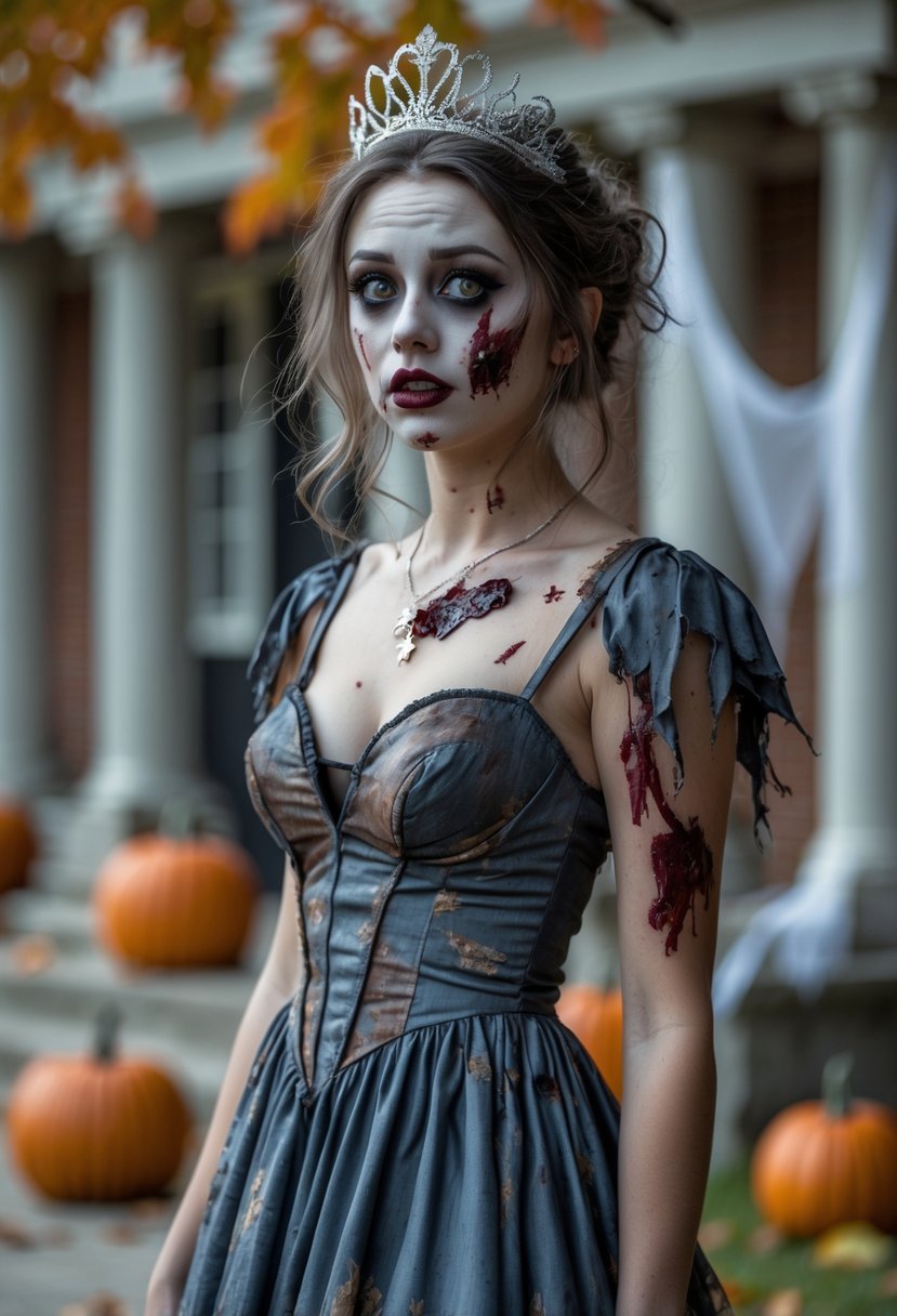 A young woman dressed as a zombie prom queen in a torn prom dress with zombie makeup and a tiara, standing outdoors with Halloween decorations in the background.
