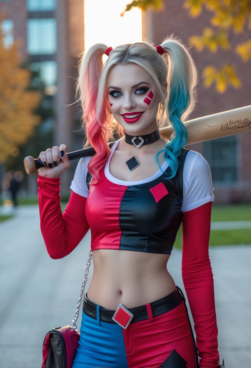A young woman in a colorful Harley Quinn inspired Halloween costume stands confidently outdoors on a college campus with autumn leaves and buildings in the background.